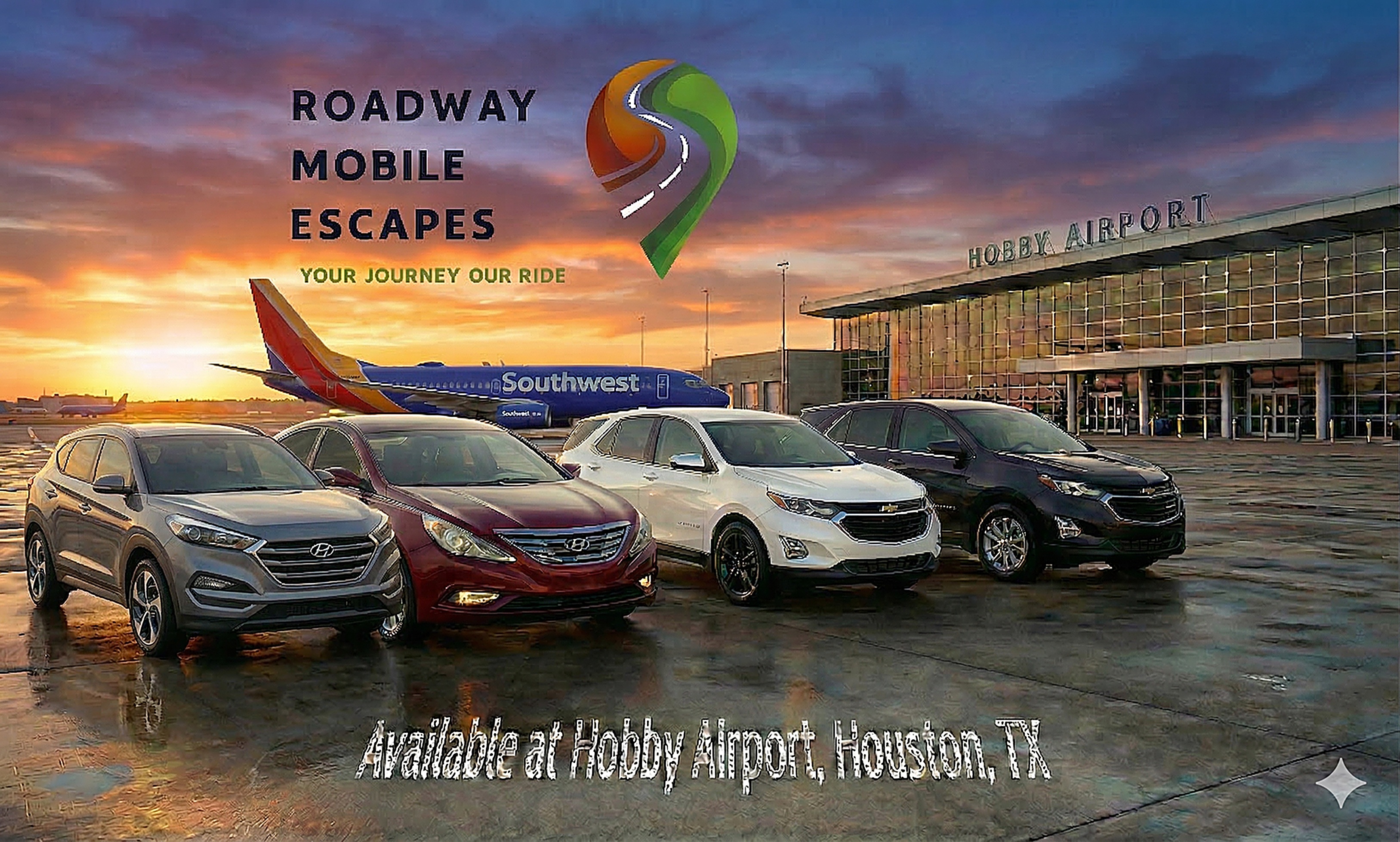 Roadway Mobile Escapes — Your Journey, Our Ride. Available at Hobby Airport, Houston, TX